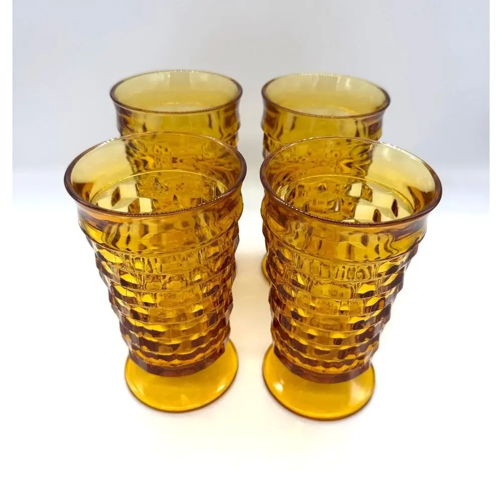 Vtg Indiana Glass Colony Whitehall Cubist Set of 4 Amber Footed Iced Tea Glasses